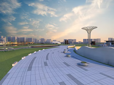 Modern Urban Park Landscape With Curved Walkway Green Lawn White Pavilion And Distant City Skyline 3d model