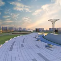 Modern Urban Park Landscape With Curved Walkway Green Lawn White Pavilion And Distant City Skyline