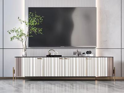 Modern TV Stand With Large Screen TV Green Plant And Decorative Items In Living Room 3d model