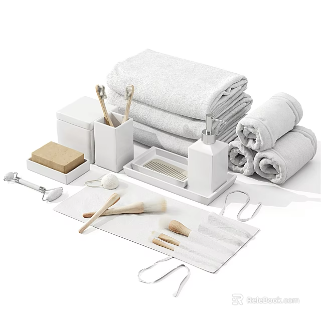 Minimalist White Bathroom Accessories With Towels Soap Dish Toothbrush Holder And Rolled Towels 3d model 