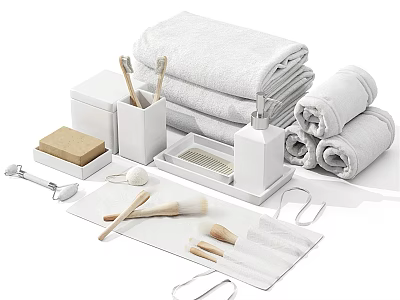 Minimalist White Bathroom Accessories With Towels Soap Dish Toothbrush Holder And Rolled Towels 3d model