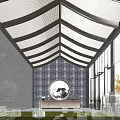 Hotel Lobby Interior with Vaulted Textured Ceiling Gray Brick Walls Round Mirror and Large Windows