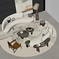Modern Living Room With White Curved Sofa And Round Glass Coffee Table Set