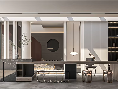 Modern Tea Room Interior Design With Circular Decor Counter Stools And Pendant Lighting 3d model