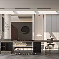 Modern Tea Room Interior Design With Circular Decor Counter Stools And Pendant Lighting