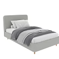 Gray Upholstered Kids Bed With Wooden Legs And White Gray Bedding