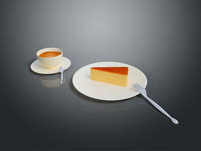 Creamy Coffee and Golden Cake Slice on White Plates with Silver Forks in Dark Background 3d model