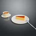 Creamy Coffee and Golden Cake Slice on White Plates with Silver Forks in Dark Background