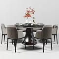 Elegant Round Dining Table Set With Gray Striped Chairs And Red Flower Vase 3d model