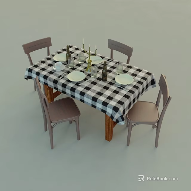 Dining Table Set With Black And White Checkered Tablecloth Four Chairs Tableware Candles And Bottles 3d model 