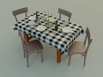 Dining Table Set With Black And White Checkered Tablecloth Four Chairs Tableware Candles And Bottles 3d model