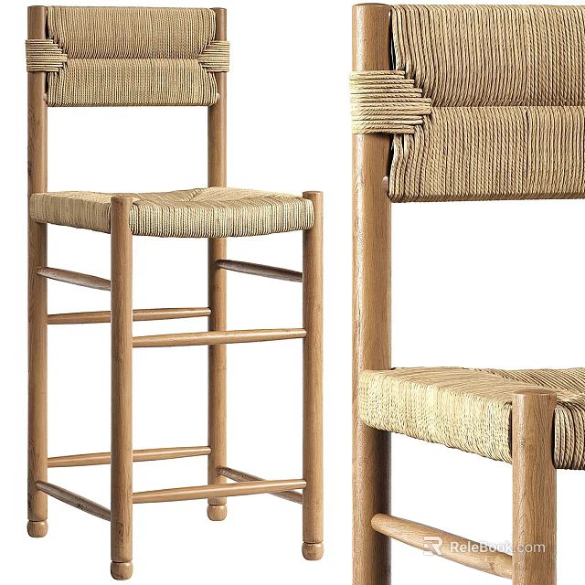 Stylish Modern Bar Stool With Wooden Frame And Natural Woven Seat Backrest 3d model 