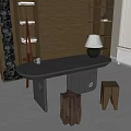 Long Dark Wooden Table With Black Hole Base And Rustic Log Stools In Interior 3d model
