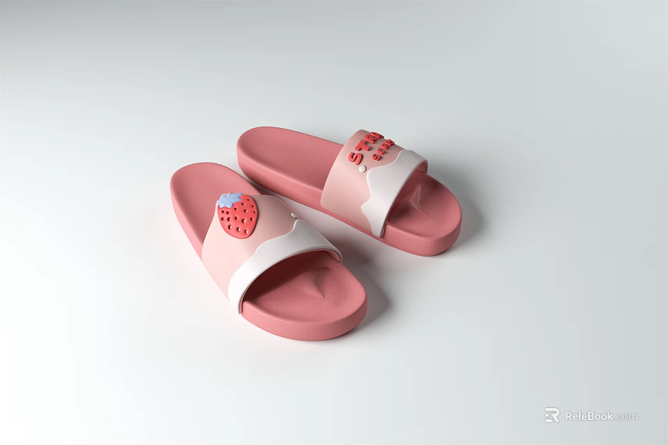 Cute Pink Slippers with Sweet Strawberry Pattern for Comfortable Home Wear 3d model 