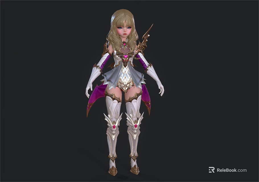 Blonde Haired Elf Apprentice In Purple White Armor With Gold Accents And Wings 3d model 