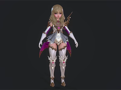 Blonde Haired Elf Apprentice In Purple White Armor With Gold Accents And Wings 3d model