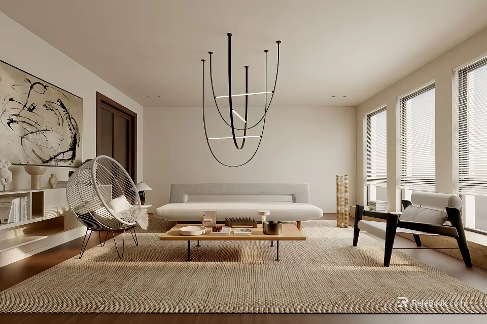 Modern Living Room Interior With Sofa Coffee Table Chandelier And Rug 3d model 