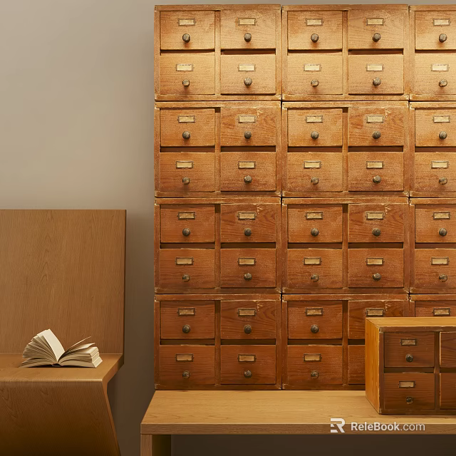Wooden Storage Cabinet With Multiple Drawers And Open Book On Side 3d model 