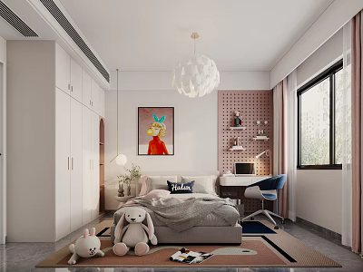 Cozy Kids Room Interior With Plush Toys And Study Desk 3d model