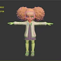 Cartoon Game Character With Orange Curly Hair Green Eyes Pink Jacket Purple Dress Arms Outstretched