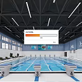 Modern Indoor Swimming Pool With Lanes Starting Blocks Large Windows Wall Decorations And Ceiling Lights