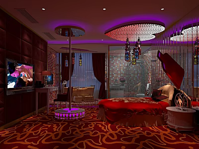 Luxurious Hotel Guest Room With Red Bed Ornate Carpet And Decorative Lighting 3d model