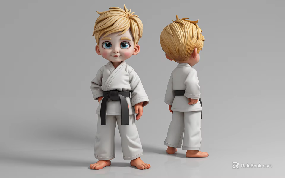 Cute Game And Movie Character In White Karate Gi With Black Belt Front Back Views 3d model 