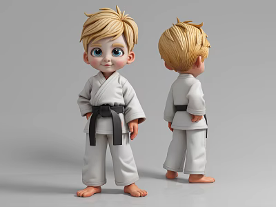 Cute Game And Movie Character In White Karate Gi With Black Belt Front Back Views 3d model