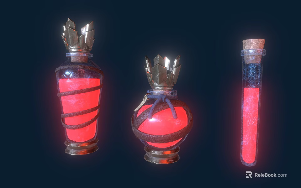 Ornate Glass Bottles With Red Liquid Metal Crown Tops And Wrapped Straps 3d model 