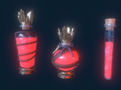 Ornate Glass Bottles With Red Liquid Metal Crown Tops And Wrapped Straps 3d model