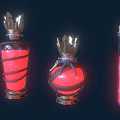 Ornate Glass Bottles With Red Liquid Metal Crown Tops And Wrapped Straps