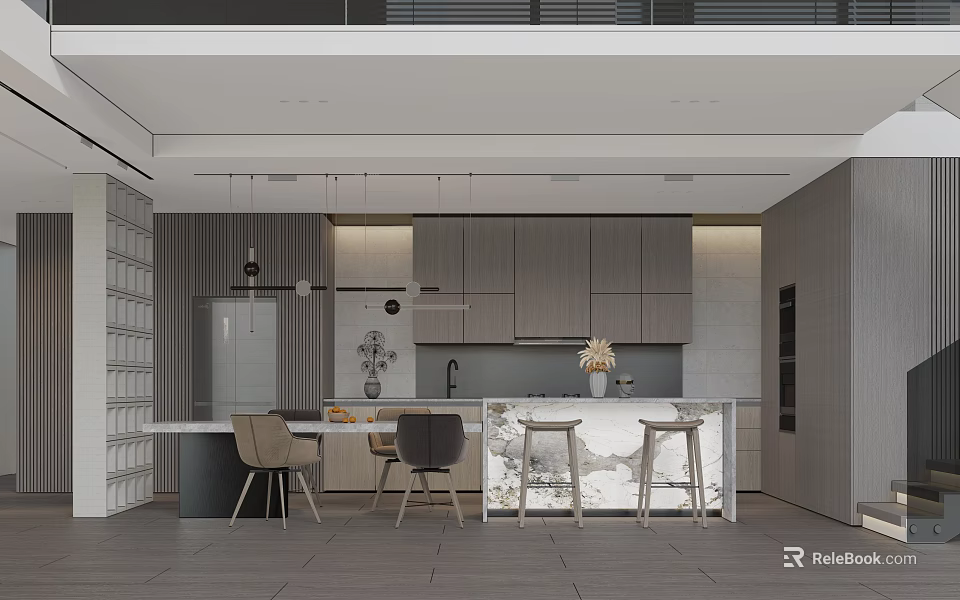 Modern Restaurant Interior With Open Layout Island Counter Dining Table And Pendant Lights 3d model