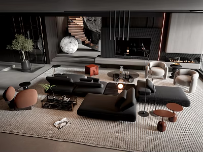Modern Living Room with Black Sofa and Coffee Table Set on Neutral Rug by Fireplace 3d model