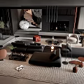 Modern Living Room with Black Sofa and Coffee Table Set on Neutral Rug by Fireplace