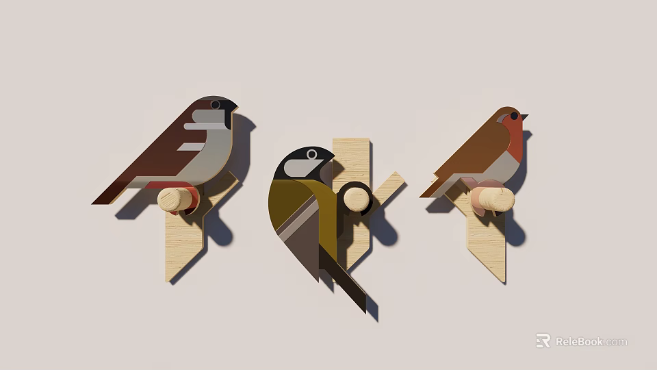 Unique Bird Shaped Wooden Wall Mounted Decorative Hooks For Home Decor 3d model 