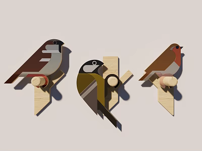 Unique Bird Shaped Wooden Wall Mounted Decorative Hooks For Home Decor 3d model