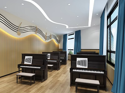 School Music Classroom With Black Pianos Musical Note Decorations And Blue Curtains 3d model