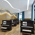 School Music Classroom With Black Pianos Musical Note Decorations And Blue Curtains