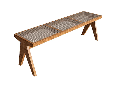 Modern Wooden Bench With Mesh Seat And Cross Leg Support Design 3d model