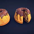 Three Round Bundt Cakes With Chocolate Glaze Sliced To Show Layered Inside On Dark Background