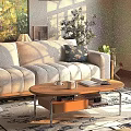 Living Room White Sofa With Throw Pillow And Wood Coffee Table With Rug And Plant