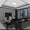 Modern Living Dining Room Interior With Sofa TV Coffee Table Dining Table And Large Windows