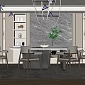 Elegant Modern Restaurant Interior With Marble Backdrop Dining Table Chairs Hanging Light And Green Plant