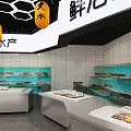 Supermarket Interior With Fruit Baskets Fresh Vegetables Refrigerated Cases And Shopper