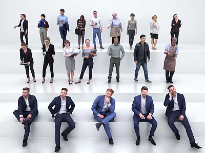 Diverse Group of People Standing and Sitting on Stepped Platform with White Background 3d model