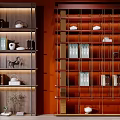 Shelving Units With Red Background Grid Design Tea Sets Books Decorative Items And Green Plant