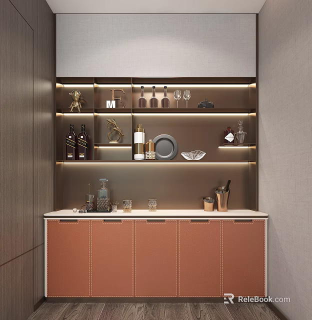 Stylish Modern Bar Counter With Wine Bottles Glasses Decorative Items And Ambient Lighting 3d model 