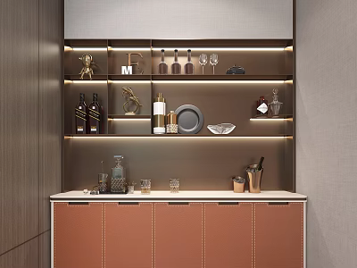 Stylish Modern Bar Counter With Wine Bottles Glasses Decorative Items And Ambient Lighting 3d model