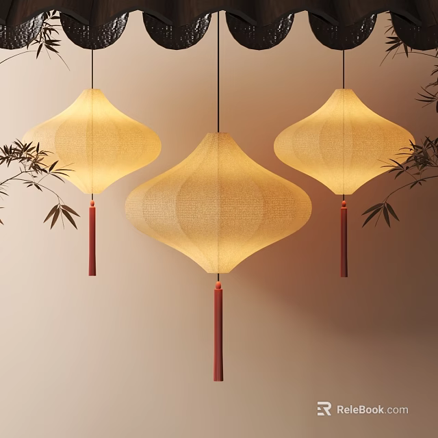 Three Hanging Light Yellow Paper Lanterns Against Beige Wall With Bamboo Leaves 3d model 