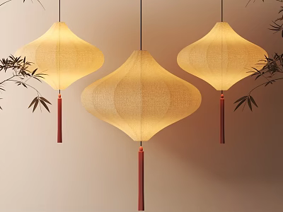 Three Hanging Light Yellow Paper Lanterns Against Beige Wall With Bamboo Leaves 3d model